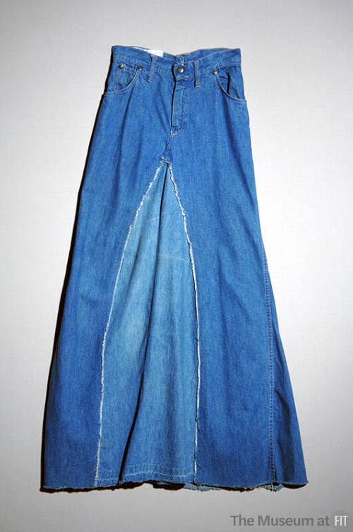 Blue denim floor length skirt made from jeans with light denim center panel