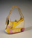 Yellow, off-white, and pink graphic print bag with goldtone double chain strap 