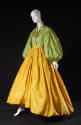 Green blouse with large puffy long sleeves and yellow floor length gathered skirt with balloon …