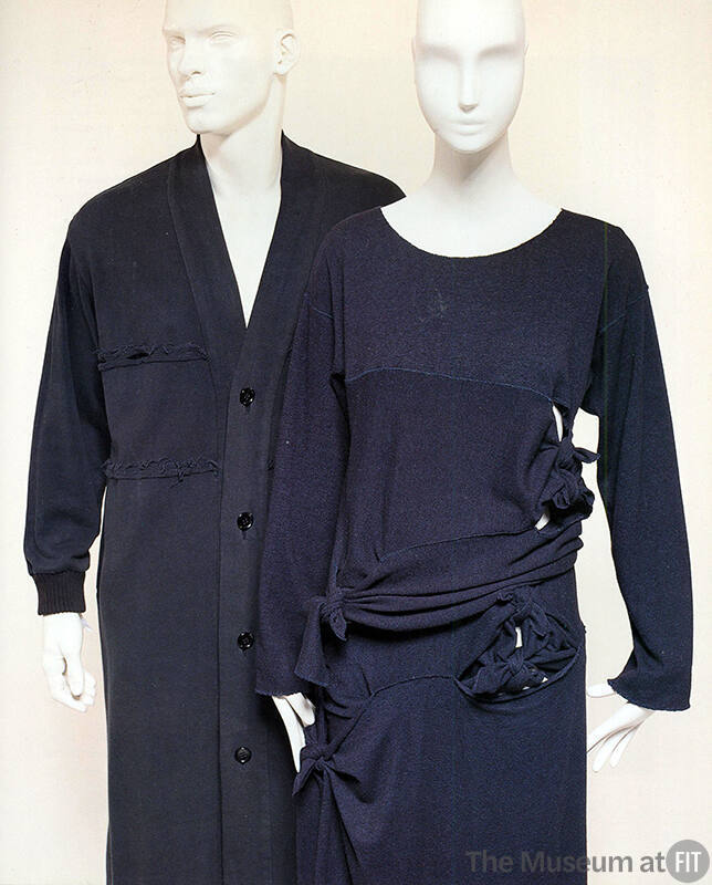 Left: blue long sleeve button front V-neck sweater Right: blue top and skirt with cut-outs and …