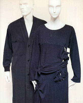 Left: blue long sleeve button front V-neck sweater Right: blue top and skirt with cut-outs and …