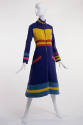 Blue knee length coat dress with high stand collar and yellow, red, light blue, pink, purple an…