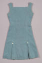 Light blue sheath mini dress with square neck and kick pleat hem 