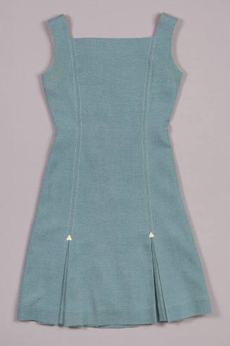 Light blue sheath mini dress with square neck and kick pleat hem 