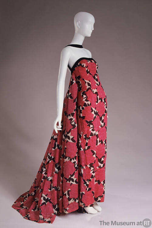 Red, pink, black and white rose print floor length evening dress, strapless and fitted sheath s…