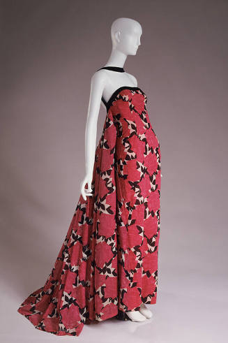Red, pink, black and white rose print floor length evening dress, strapless and fitted sheath s…