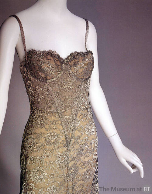 Silver metallic lace over beige slip style evening dress 