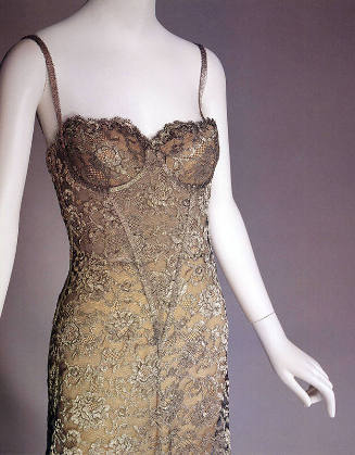 Silver metallic lace over beige slip style evening dress 