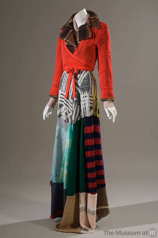 Full length sweater dress made from a patchwork of recycled, multicolor sweaters, with long sle…
