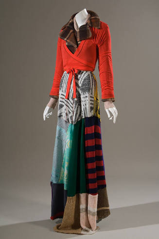Full length sweater dress made from a patchwork of recycled, multicolor sweaters, with long sle…