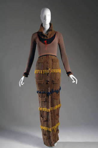 Brown full length cardigan sweater dress with yellow and blue yarn, two long sleeved crop tops …