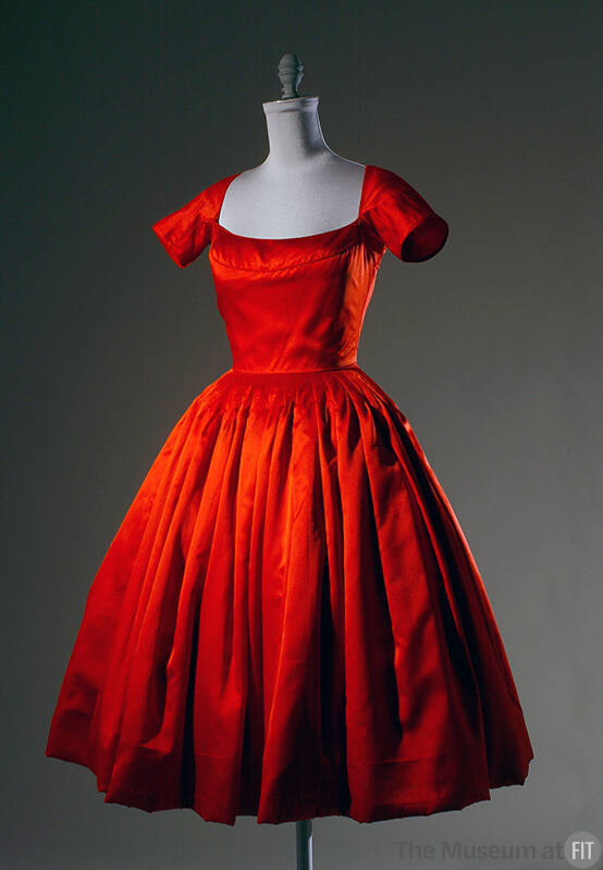 Red silk satin cocktail dress with cap sleeves