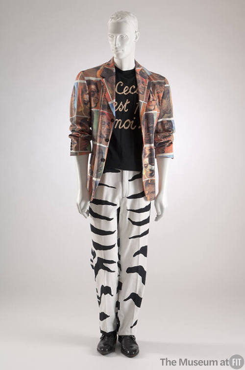 multicolor checkerboard print suit jacket, portrait pattern of African men; black T-shirt print…