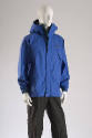Blue nylon, hooded parka and zip/velcro front closure, black sport pants