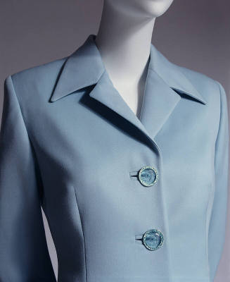 Light blue wool suit; large Medusa logo buttons