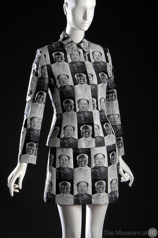 Fitted jacket and mini skirt with checkerboard pattern of black and white Mao portraits