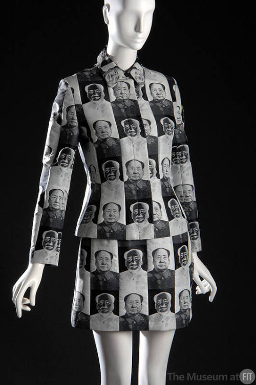 Fitted jacket and mini skirt with checkerboard pattern of black and white Mao portraits