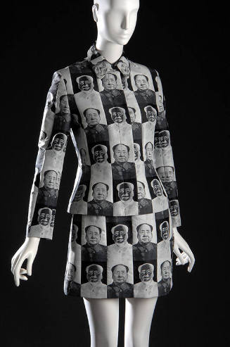Fitted jacket and mini skirt with checkerboard pattern of black and white Mao portraits