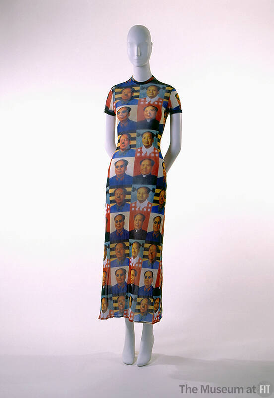 Full length T-shirt dress with multicolor photo prints of Mao in checkerboard pattern