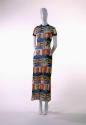 Full length T-shirt dress with multicolor photo prints of Mao in checkerboard pattern