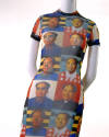 Full length T-shirt dress with multicolor photo prints of Mao in checkerboard pattern