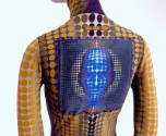 Back view of printed body suit with square panel of cyber face image
