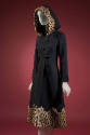 Black wool hooded coat with corded buttons and tassels, cheetah fur trim and shaped hem; matchi…
