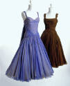 Left: purple sleeveless dress with ruched bodice and full pleated skirt Right: brown dress with…