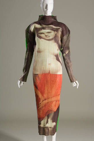 Ankle length long sleeve pleated column dress with beige, brown and orange print of neoclassic …