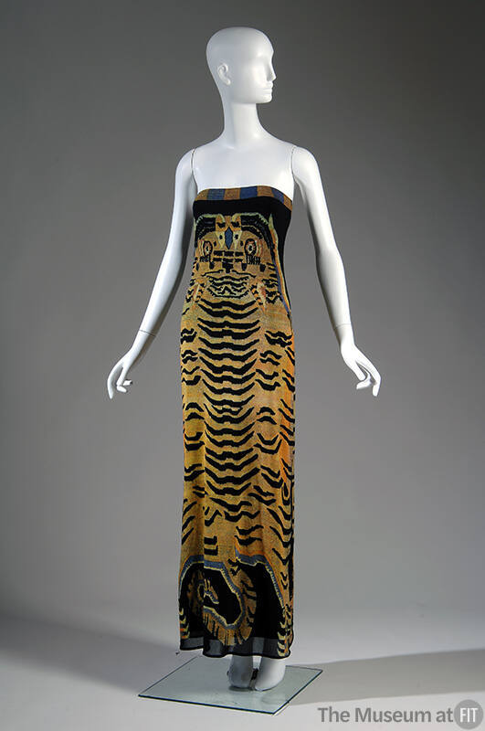 Strapless floor length column dress with large Tibetan tiger print in orange, grey and black