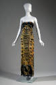 Strapless floor length column dress with large Tibetan tiger print in orange, grey and black