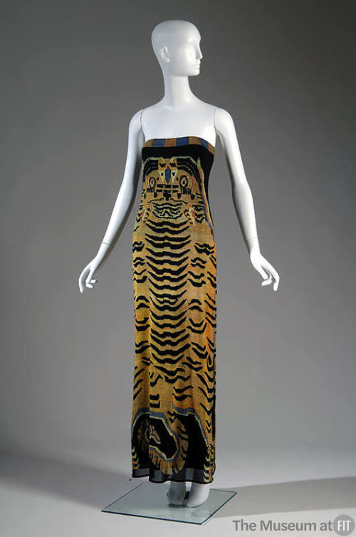 Strapless floor length column dress with large Tibetan tiger print in orange, grey and black