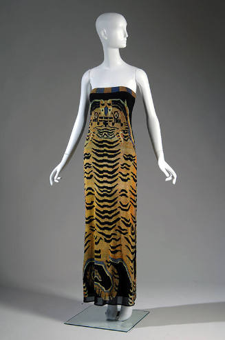 Strapless floor length column dress with large Tibetan tiger print in orange, grey and black