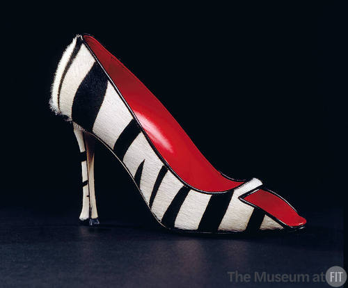 Black and white zebra print calf hair high heel pump with open toe and red lining