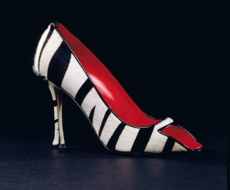 Black and white zebra print calf hair high heel pump with open toe and red lining