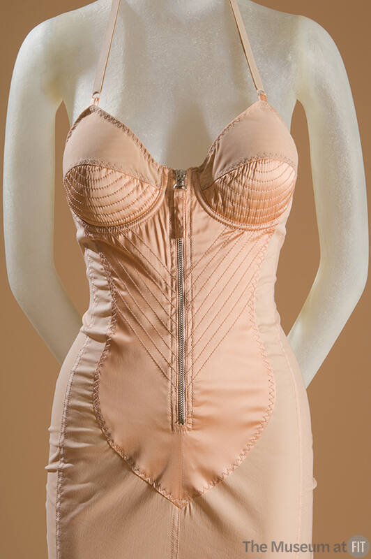 Light pink corset style dress with underwire bra, topstitched inset on bodice and zip front