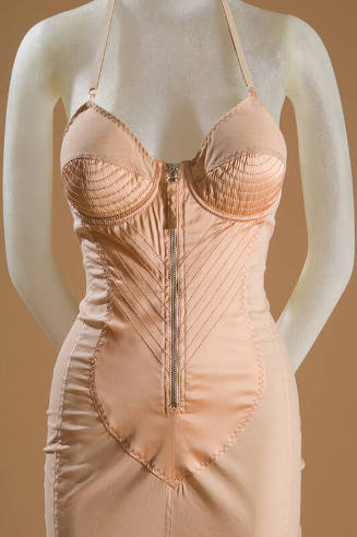 Light pink corset style dress with underwire bra, topstitched inset on bodice and zip front