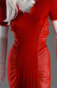 Detail of red short sleeve dress with sheer gathered sides