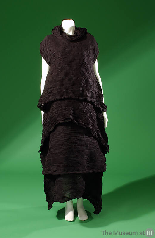 Black allover crinkle pleated short sleeve cowl neck ankle length dress 