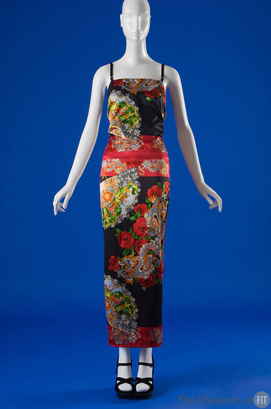 Multicolor dragon and fan print ankle length dress with spaghetti straps