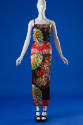 Multicolor dragon and fan print ankle length dress with spaghetti straps