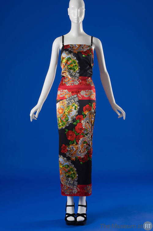 Multicolor dragon and fan print ankle length dress with spaghetti straps