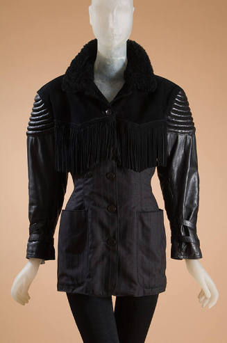Black long sleeve leather, suede and wool jacket with fur collar and fringe