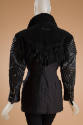 Back of black long sleeve leather, suede and wool jacket, double buckle cuffs