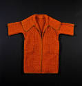 Orange nubby wool jacket with 3/4 sleeves and tan leather piping
