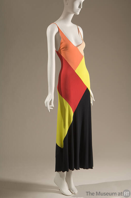 Orange, beige, red, yellow and black colorblock slip dress