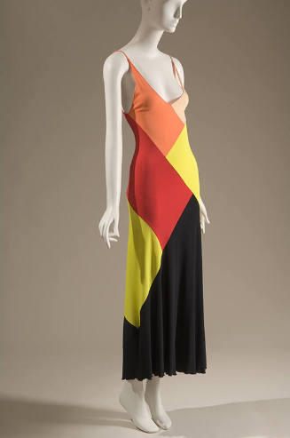 Orange, beige, red, yellow and black colorblock slip dress