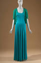 Green short sleeve jacket and blue floor length dress 