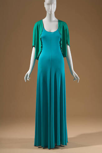 Green short sleeve jacket and blue floor length dress 