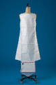 White paper dress made from unfolded air mail envelope with red, white, blue trim 